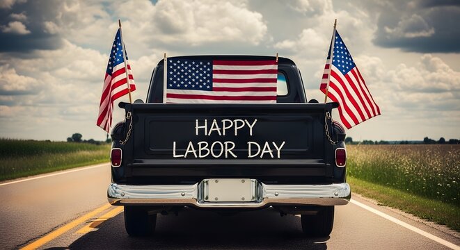 Happy Labor Day – Roadside Sign and American Flag Car