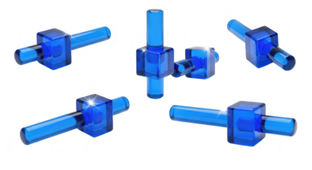 Transparent blue glass components arranged against white background showcasing concept of connectivity networking data transfer or structural design