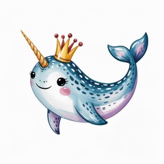 Cute Watercolor Illustration of a Narwhal Wearing a Crown in a Whimsical Underwater Setting