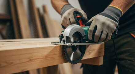 Handyman Cutting Wooden Beam with Precision