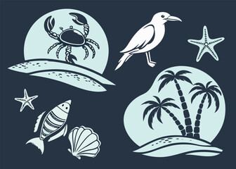 Flat Silhouette Icons of Ocean Wildlife, Tropical Island with Palm Trees, Starfish, Crab, Dolphin, and Seashells on a Beach Background