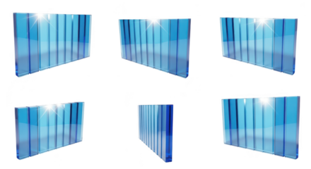 Blue transparent glass panels in different angles against a white backdrop Suitable for architectural or design illustrations