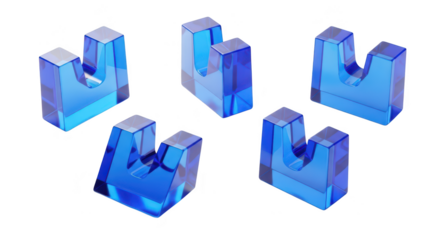 3D rendered translucent blue letter forms arranged on a white backdrop creating abstract shapes against a clean light background Used in design
