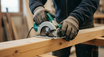 Handyman Cutting Wooden Beam with Precision