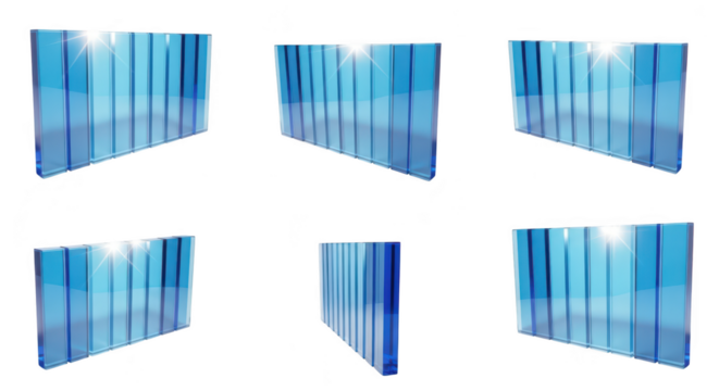 Blue transparent glass panels in different angles against a white backdrop Suitable for architectural or design illustrations