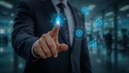 Businessman interacting with futuristic digital interface and icons