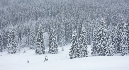 Naklejka premium A wide view of a snow-covered forest with closely packed evergreen trees. The landscape is covered in fresh snow, under an overcast sky