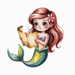 Charming Watercolor Illustration of a Young Mermaid Exploring a Treasure Map in a Whimsical Sea Setting