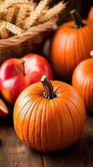 Vibrant Autumn Harvest with Pumpkins and Apples in Rustic Setting