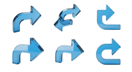 Set of 3D blue glass arrows showing directions against white for web design navigation and user interface elements