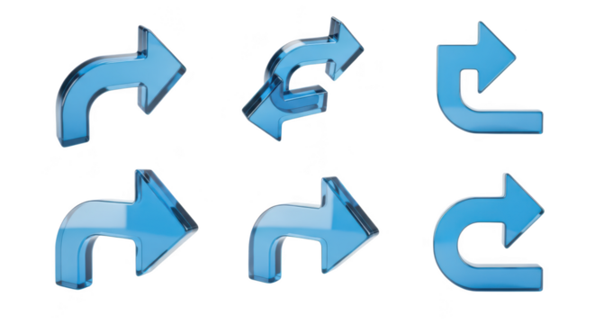 Set of 3D blue glass arrows showing directions against white for web design navigation and user interface elements