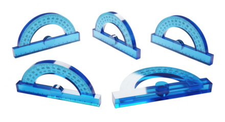 Translucent blue protractors arranged on a white surface casting shadows for education or geometry-related projects