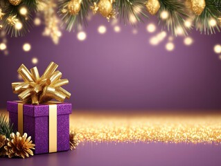 Elegant Purple Gift Box with Golden Ribbon and Holiday Decor
