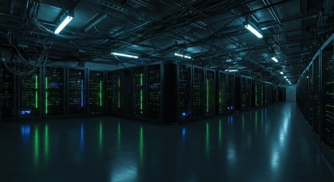 Data center infrastructure showcasing servers and network cables with technology complexity