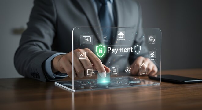 Businessman using futuristic payment interface, secure online transactions concept