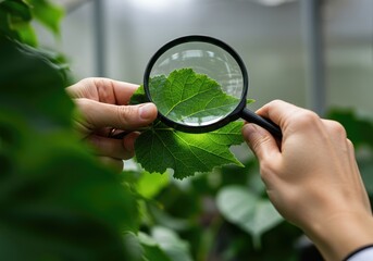 Botanist Examining Plant Leaf with Magnifying Glass Hand Science Research Nature