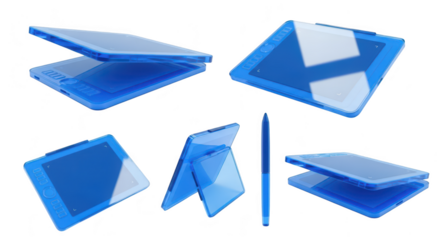 A digital art tablet with stylus in various poses set on a white background suggesting creative technology for digital art and design