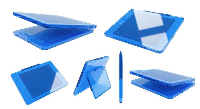 A digital art tablet with stylus in various poses set on a white background suggesting creative technology for digital art and design - Powered by Adobe