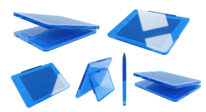 A digital art tablet with stylus in various poses set on a white background suggesting creative technology for digital art and design