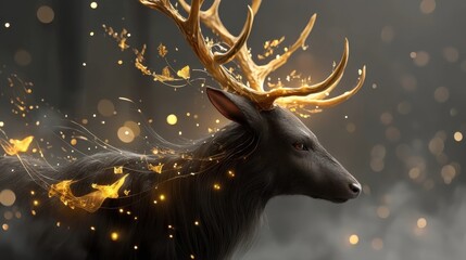 A majestic black deer with glowing golden antlers is surrounded by floating golden butterflies and sparkles in a mystical, dark setting.