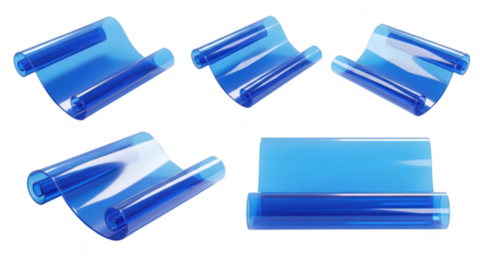 Five blue transparent scroll-like objects on a white surface no other objects in the background intended for use as a design element