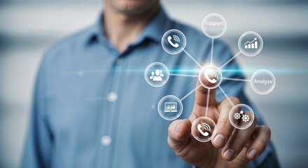 Man in blue shirt interacts with digital interface showing support analyze and communication icons around him