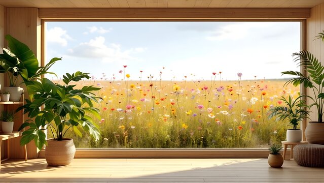 Wooden interior design with large window overlooking blooming meadow, Zoom Background