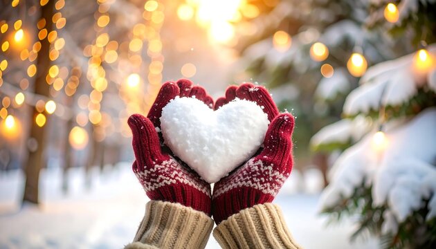 Snow Heart Held in Red Mittens with Bokeh Lights in Winter Wonderland