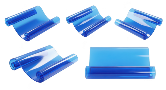 Five blue transparent scroll-like objects on a white surface no other objects in the background intended for use as a design element