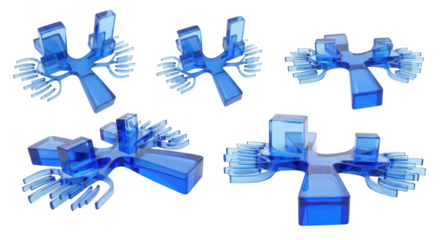 Blue glass-like star-shaped structures are shown in multiple angles against a white background likely representing data networks or abstract concepts
