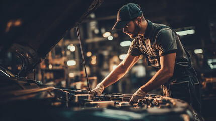 Car mechanic working on engine in auto repair shop with focused expression and gloves, performing maintenance and inspection under hood in dimly lit garage