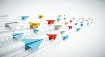 Dynamic team of colorful paper planes soaring forward together on a bright, modern background