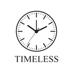 A minimal clock face with bold black hands and the word 