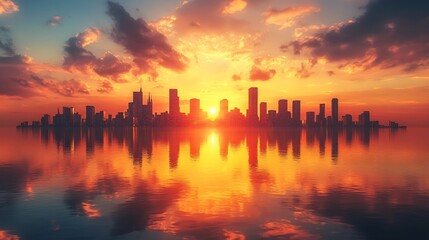 Obraz premium Sunrise cityscape reflected on still water, dramatic sunset