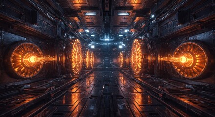 Futuristic energy chamber corridor with glowing power sources and metallic details