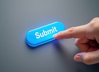 Finger presses a glowing blue submit button on a dark surface