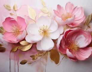 beautiful pink and white flowers with gold accents in abstract floral painting for elegant home decor and sophisticated interior design