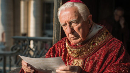 Elderly cardinal reading document at vatican conclave with historic interior and religious significance, portrait of catholic bishop, religion theme