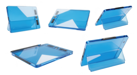 Transparent blue tablet angled on a stand showcasing a futuristic design on a white studio backdrop suitable for tech concepts