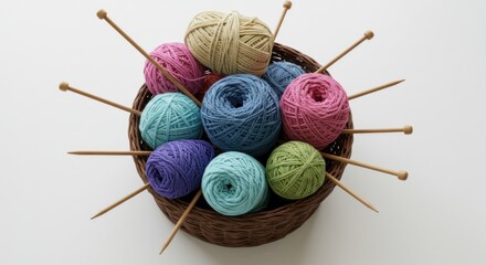 Colorful yarn balls in a wicker basket with knitting needles