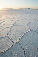 Cracked Salt Flat at Sunrise with Distant Mountains in Background