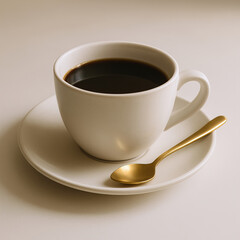 Black Coffee in White Cup with Gold Spoon on Saucer