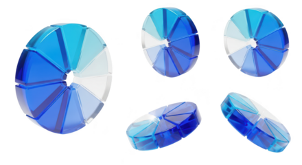Blue transparent pie chart various angles rotating against white background showcasing data analysis and business concepts