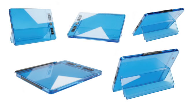 Transparent blue tablet angled on a stand showcasing a futuristic design on a white studio backdrop suitable for tech concepts