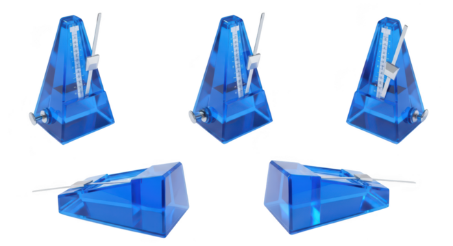 A blue prism-shaped musical instrument ticking and set to various speeds against a white background for rhythm and tempo