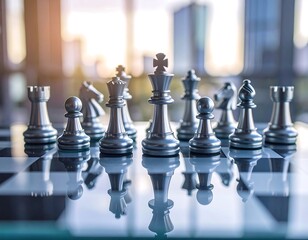 Chessboard symbolizing business strategy and planning with pieces on a glass board reflecting a modern city office