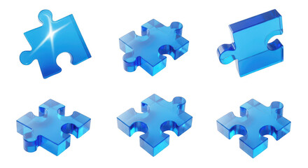 Six transparent blue puzzle pieces arranged on a white surface showcasing varying perspectives perfect for representing problem-solving and teamwork concepts