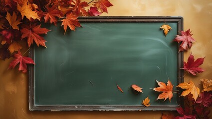 Empty blackboard framed by autumn leaves, symbolizing the theme of education