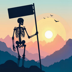 Skeleton holding a blank flag against sunset in mountain landscape concept of Halloween  