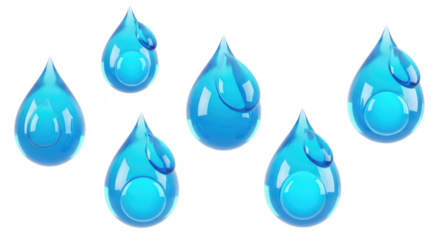 Several translucent blue water droplets falling against a white background good for representing hydration cleanliness and freshness